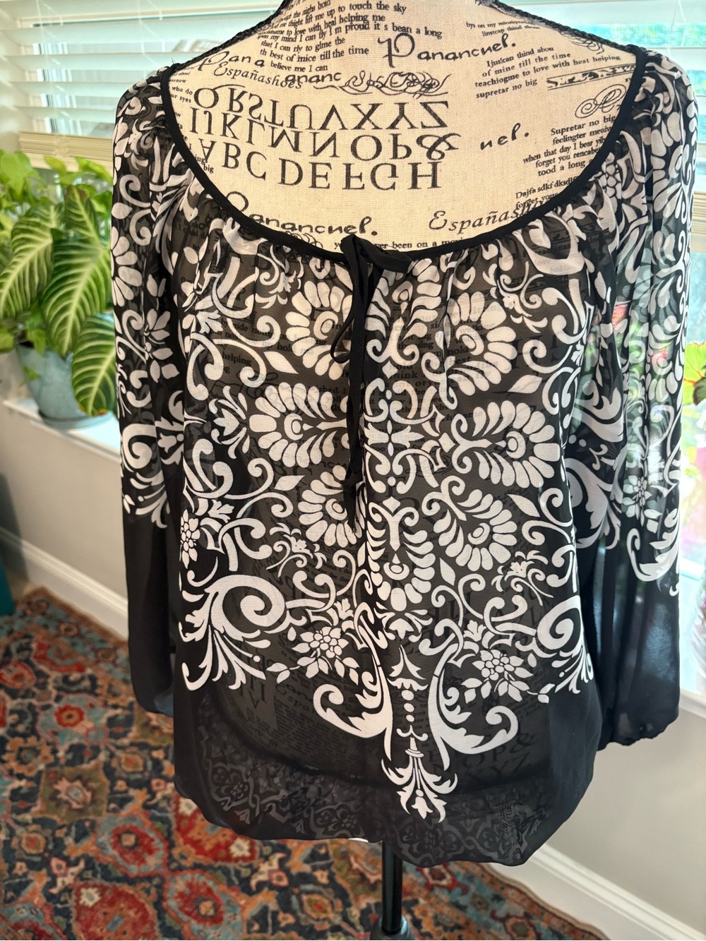 Y2K FANG Black Sheer Floral Scroll Tie-Neck Blouse.